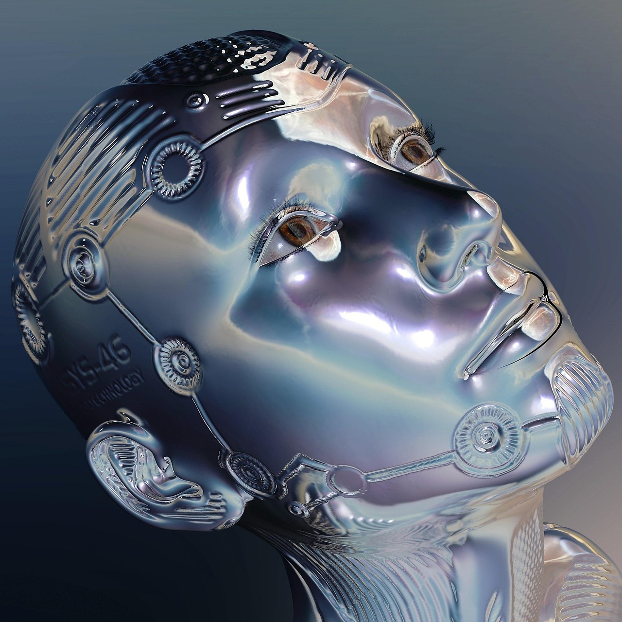 Robô futurista representando rastreador e identificador de inteligência artificial em conteúdo