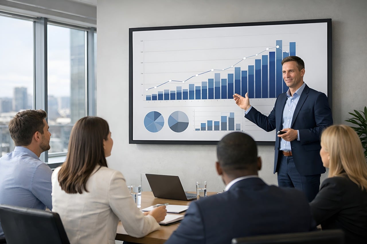 Equipe analisando dados e gráficos em reunião de definição de KPIs estratégicos