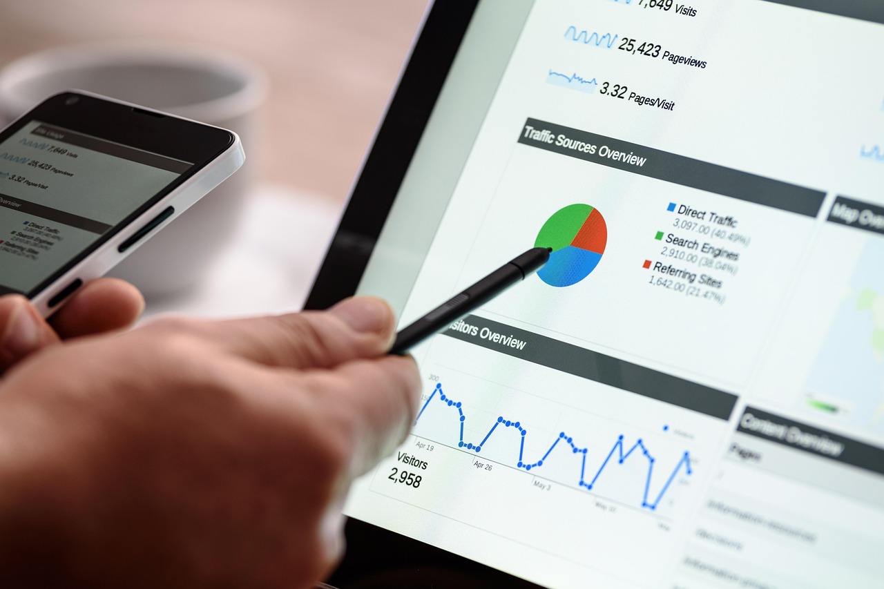 Computador com gráficos de marketing digital representando otimização de SEO e estratégia de busca